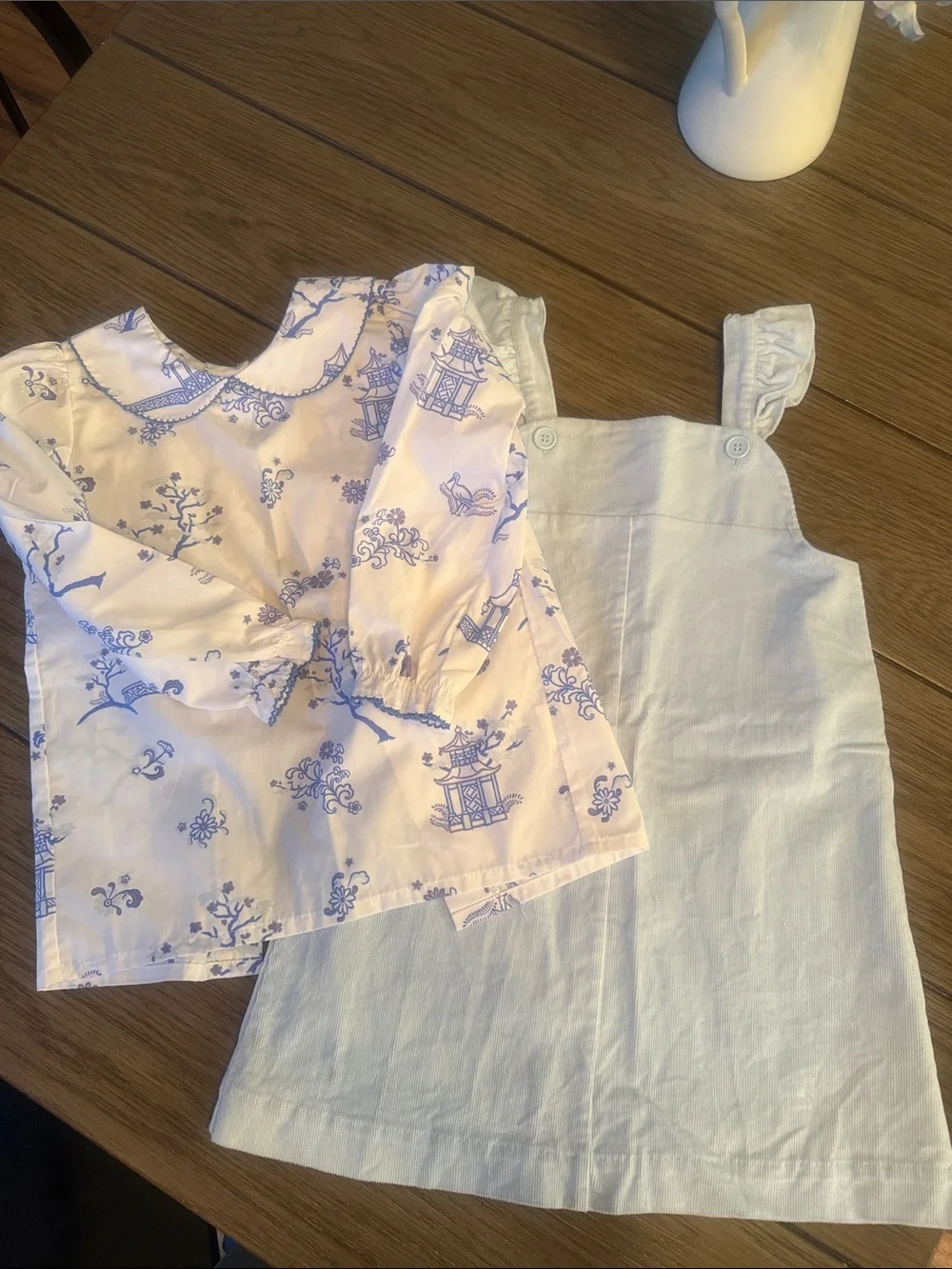 The Beaufort Bonnet Company Blue Toile Top & Cream Pinafore Matching Set